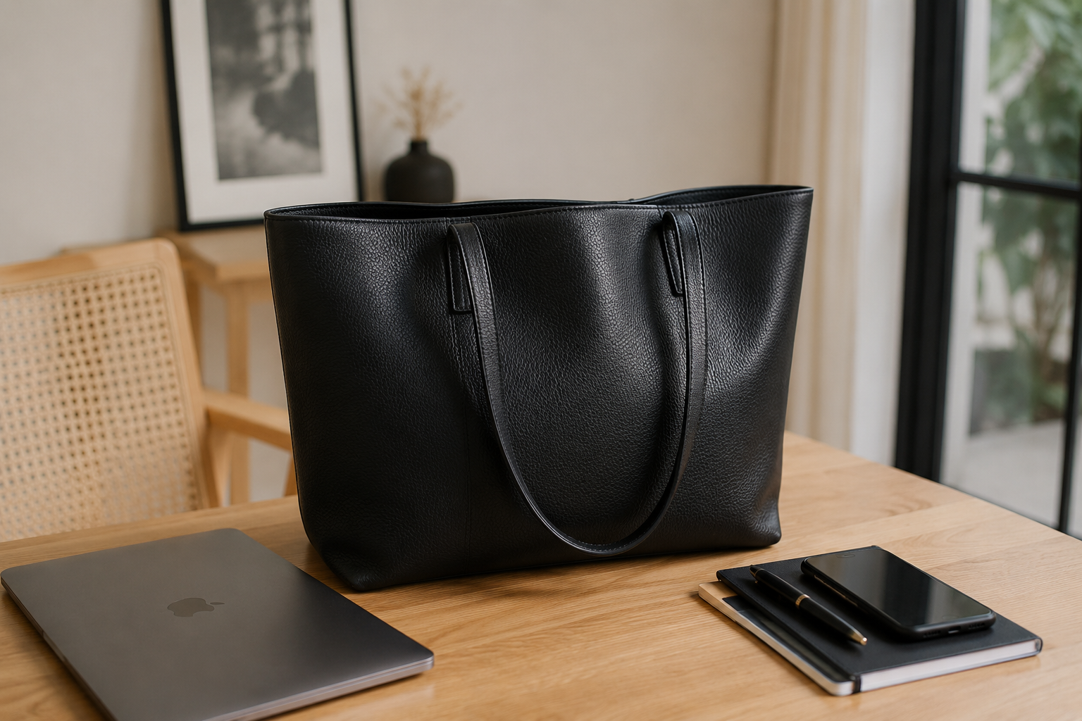 black leather tote bag